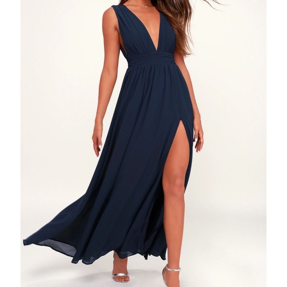 Lulu’s Heavenly Hues Navy Blue Maxi Dress Women’s Size XL Bridesmaid V Neck